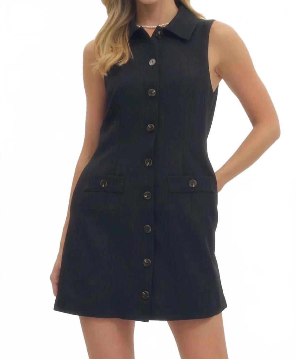 NEW ENTRO solid sleeveless mini button dress in black